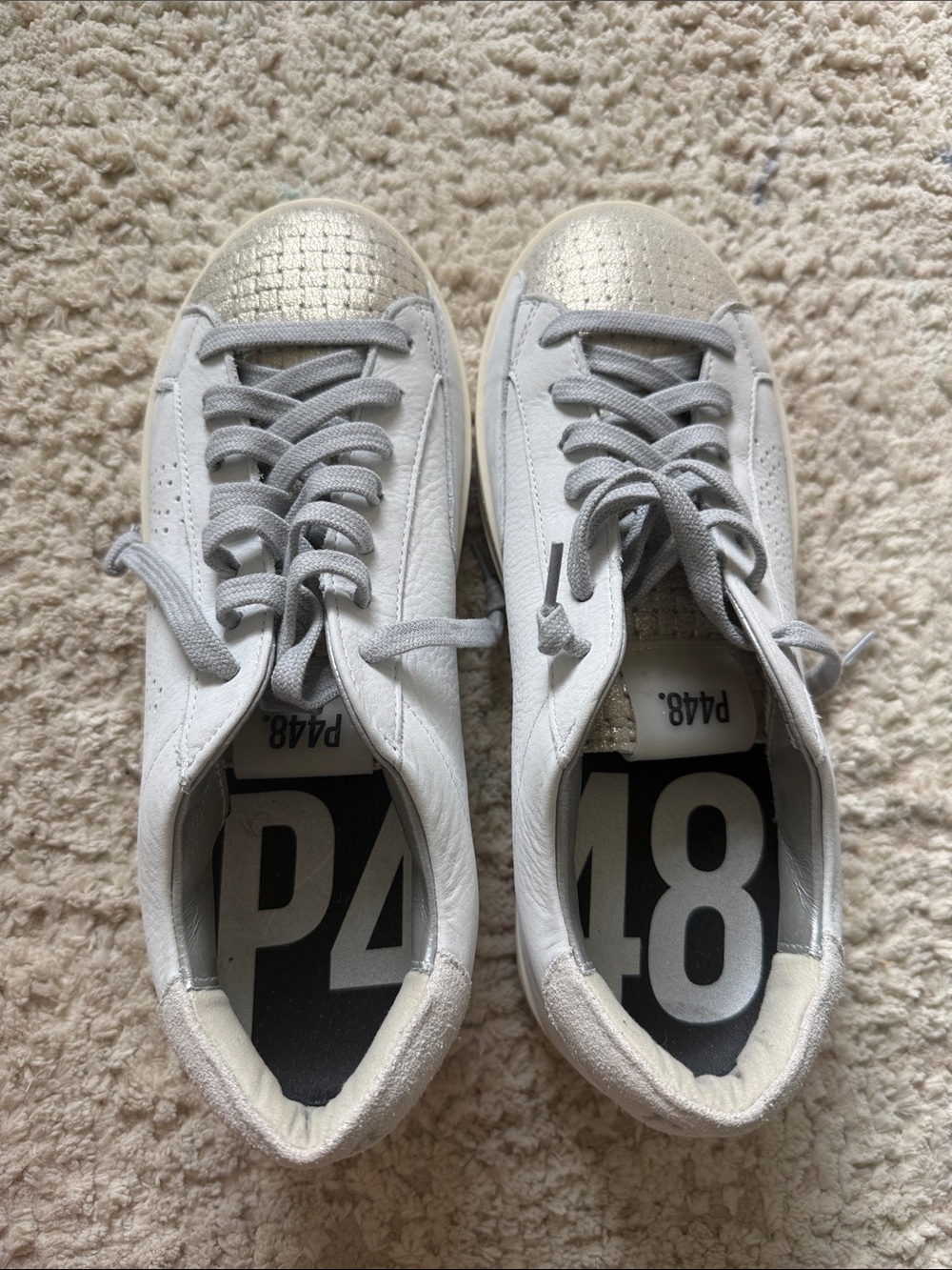 NWOT P448 Women 8 or 38 White Sneakers with Metallic Gold Toe Cap